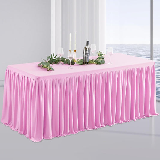Pink Polyester Table Clothes for 8 Foot Rectangle Tables, Wrinkle Free Fitted Table Cover 8ft Stretch Tablecloths with Skirt for Parties Weddings Birthday Banquet Baby Shower
