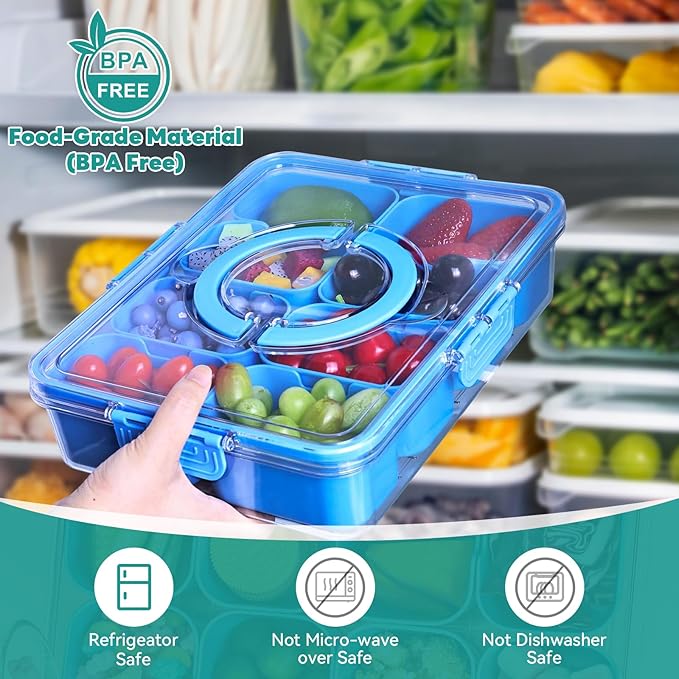 Snackle Box Container, Divided Serving Tray with Lid and Handl 8 Compartments Snacks Box,Candy Snack Fruit and Veggie Tray, Suitable for Picnics Trips Parties and Holidays