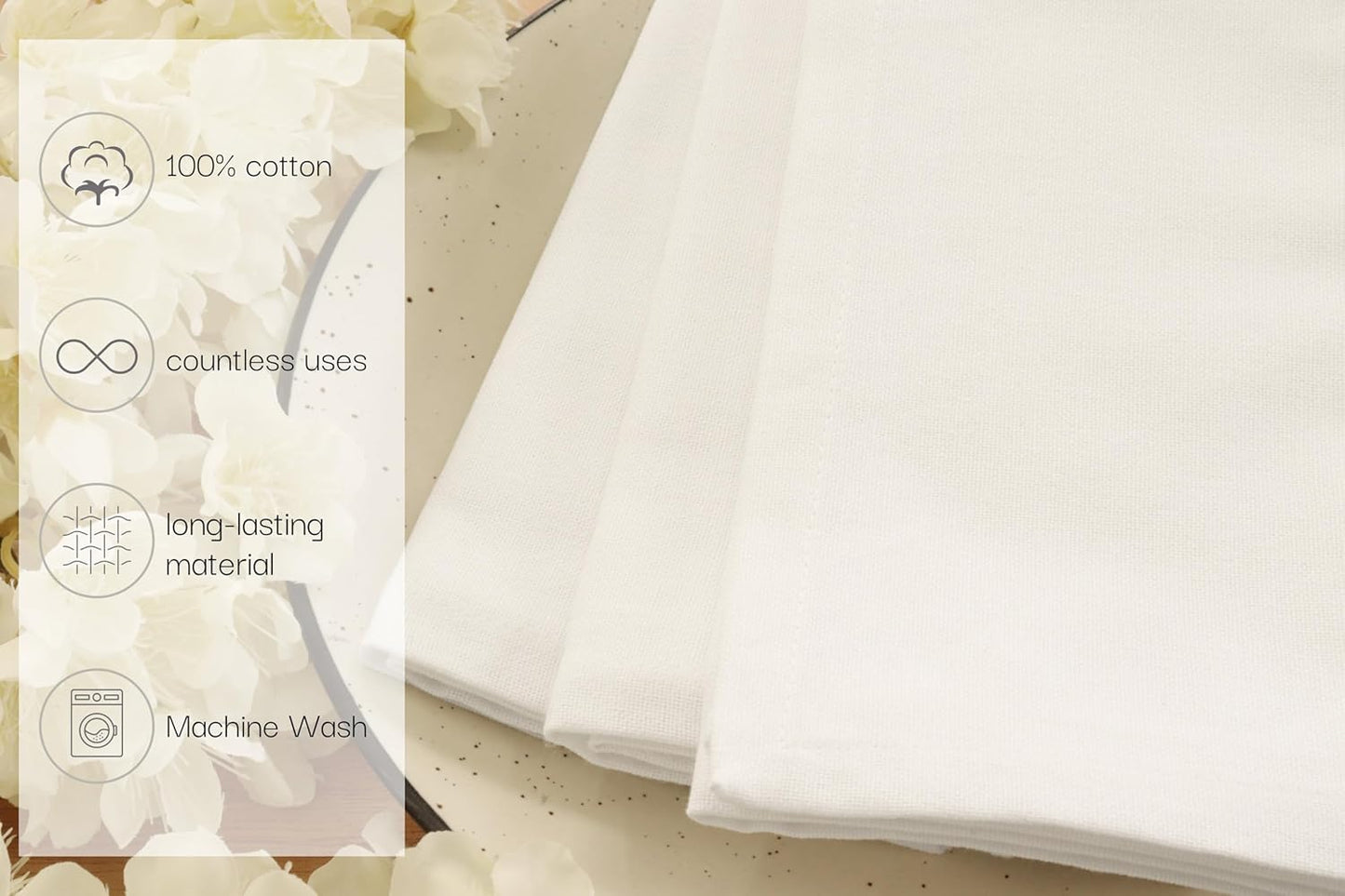 PurpleEssences Set of 12 Cloth Dinner Napkins 100% Cotton 18x18 Inch - Soft Durable Washable - Ideal for Farmhouse Party Spring Summer - Perfect Everyday Use Table Linen - White