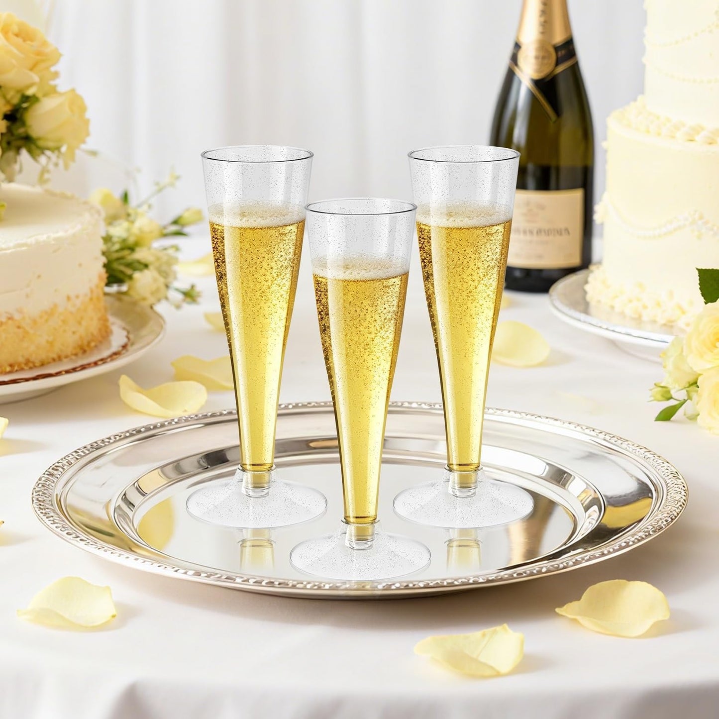 Placstic Champagne Flutes Disposable, 4.5 OZ (SilverGlitter, 100 Count (Pack of 1))