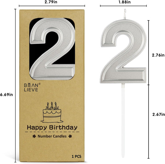 BEAN LIEVE Silver Birthday Candles Number 2, Silver Number Candles, Cake Number Candles for Birthday Parties and Wedding Anniversary Celebrations