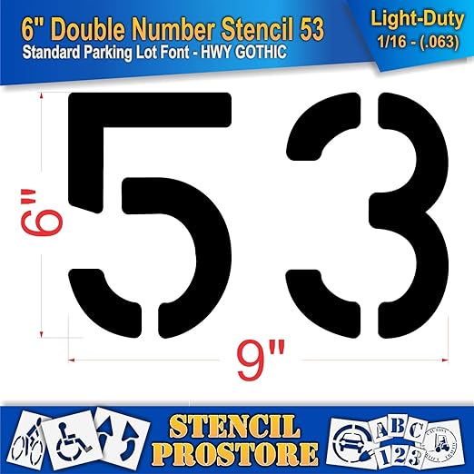 Pavement, Curb, and WheelStop Stencils - 6 inch Double Number Stencil - (53) - 6" x 9" x 1/16" (63 mil) - Light-Duty