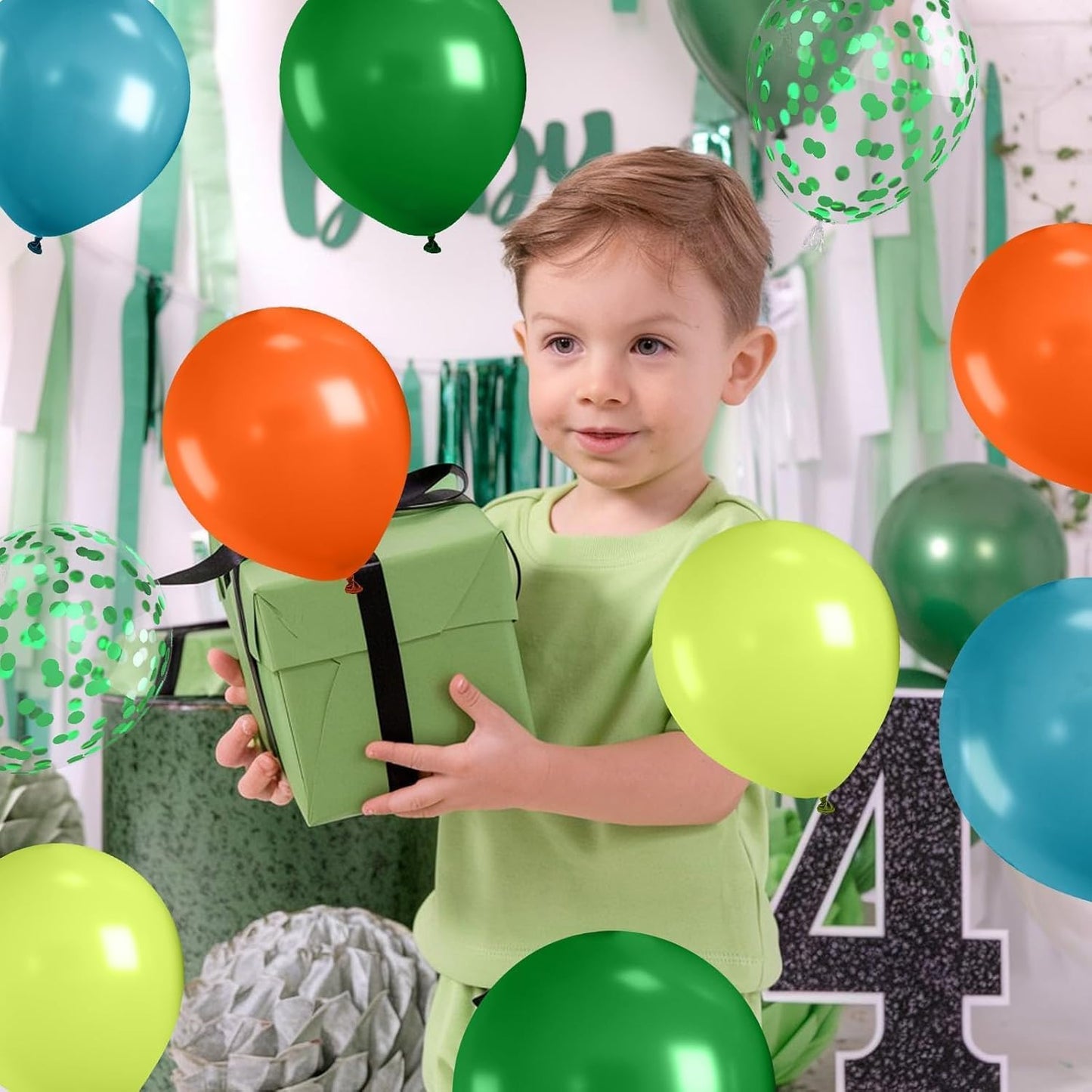 Paready Dinosaur Balloons Set, 60Pcs Green Orange Dino Balloons, 12 Inch Helium Fruit Green Orange Blue Confetti Latex Balloon for Dinosaur Themed Party Decoration Supplies
