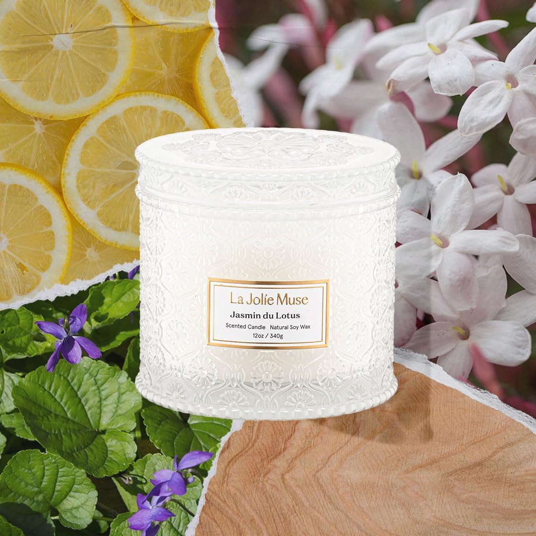 LA JOLIE MUSE Jasmin du Lotus Candle - Ivy, Jasmine, Cedarwood | 12 oz Large 2-Wick Soy Wax Candle | 60 Hours Clean Burn | Floral Scented Candle | Gift-Ready for Hosts & Gatherings