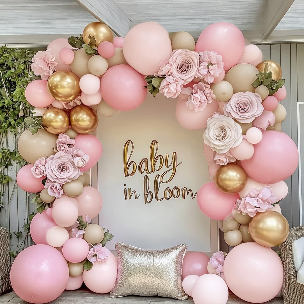 Pink White Gold Balloon Garland Double Stuffed Light Baby Pink Balloons Sand White Gold Balloon Arch Kit for Baby Bridal Shower Graduation Wedding Engagement Coquette Birthday Party Decorations