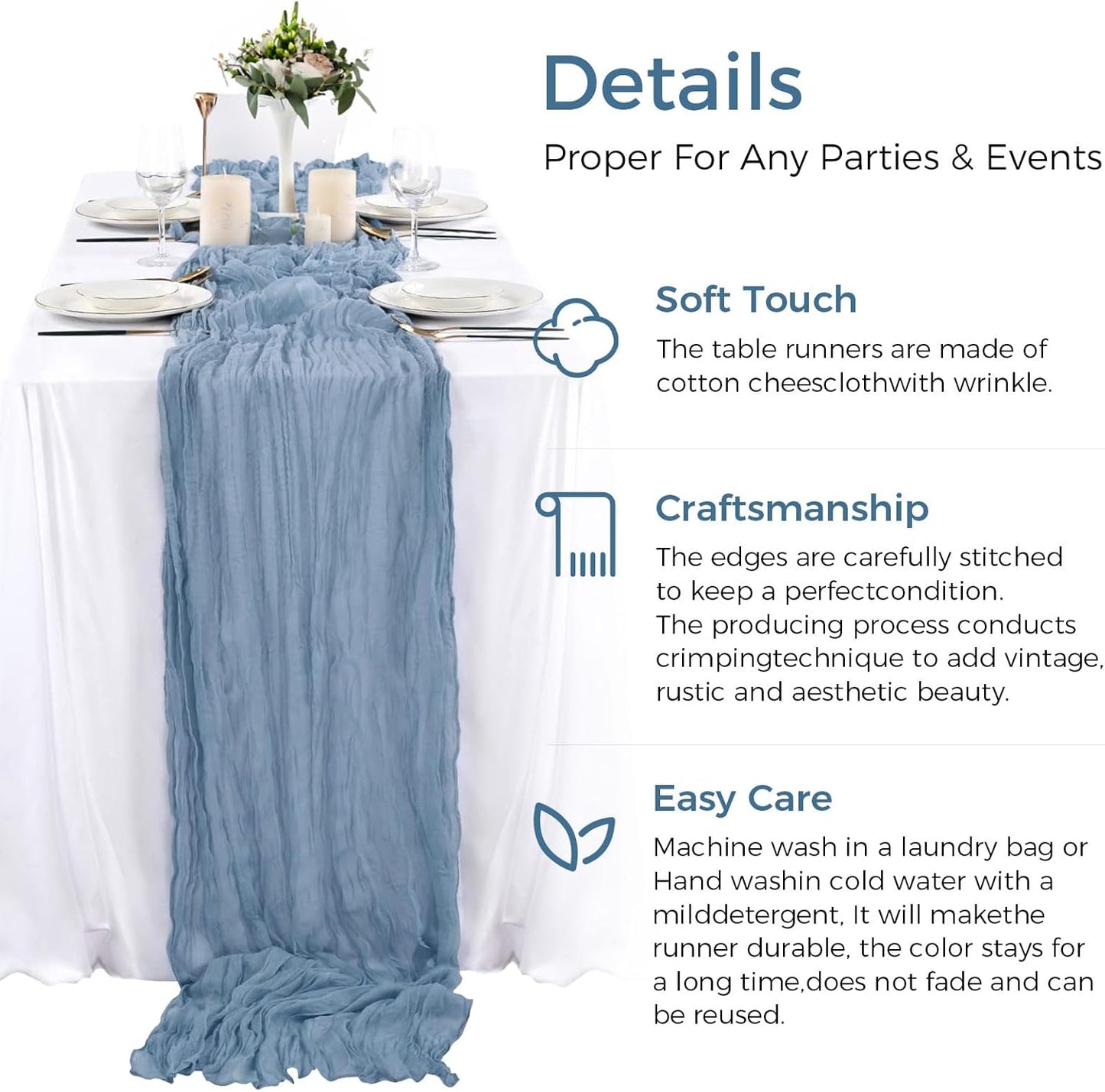 6 Pack Boho Gauze Cheesecloth Long Rustic Sheer Table Runner for Wedding, Bridal, Baby Shower, Birthday Party, Cake Table, Arbor Decorations (Dusty Blue)
