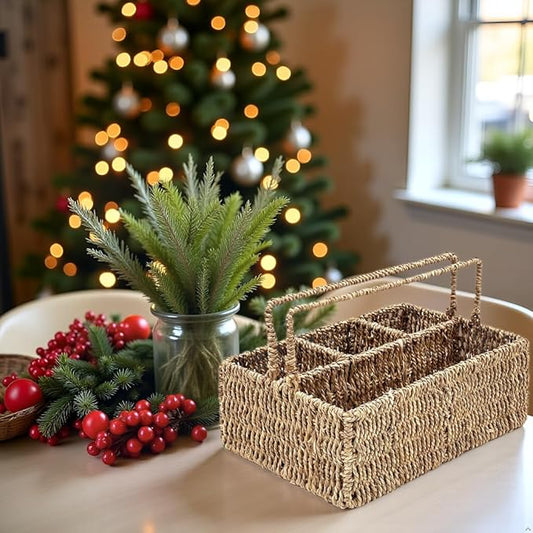 PEMAR Large L-Sized Hand Woven Utensil Caddy Carrier, Natural Jute Wicker Condiment Holder for Table, Kitchen Set Counter Top Silverware Organizer, Rustic Storage Forks, Spoons (Seagrass)