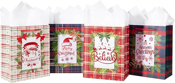 Loveinside Christmas Gift Bags Set, Gold Foil Holiday Wreath & Plaid Design, Medium Size Bags with Handle, Tissue Paper for Christmas Gifts & Party Favors, 4 Pack, 7" X 4" X 9"