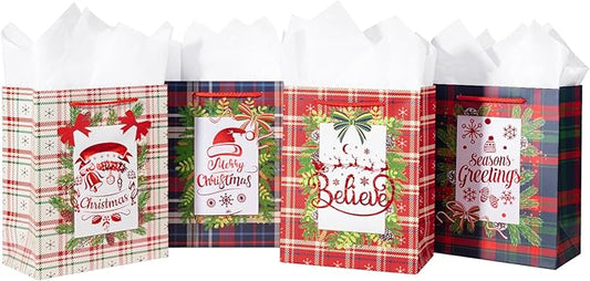 Loveinside Christmas Gift Bags Set, Gold Foil Holiday Wreath & Plaid Design, Medium Size Bags with Handle, Tissue Paper for Christmas Gifts & Party Favors, 4 Pack, 7" X 4" X 9"