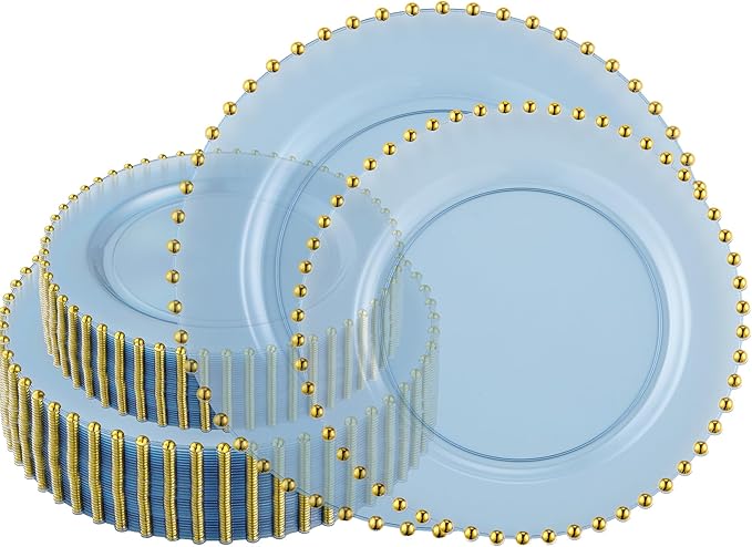 PLASTICPRO 128 Piece Combo Plastic Dinner Plates Disposable Plastic Fancy Heavy Duty Party Dishes 7 inch and 10 inch, Translucent Blue and Gold Beaded