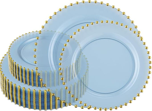 PLASTICPRO 128 Piece Combo Plastic Dinner Plates Disposable Plastic Fancy Heavy Duty Party Dishes 7 inch and 10 inch, Translucent Blue and Gold Beaded
