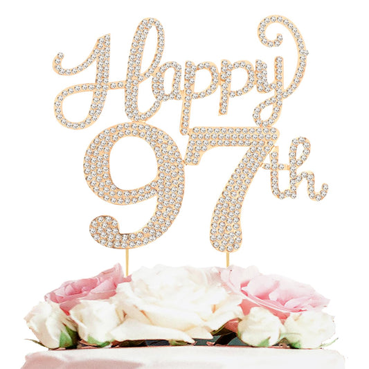 Happy 97th Birthday Decorations,97th Birthday Gold Rhinestone Cake Topper - Cheers to 97 Years Old Bday Party Metal Sparkly Cake Centerpieces Sign.