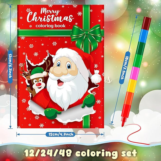 BenLouis 24 Christmas Mini Coloring Books Kids with 24 Stacking Crayons Xmas Theme Party Favors Activity Books Bulk for Kids Holiday Birthday Goodie Bag Gift Stuffer Classroom Reward