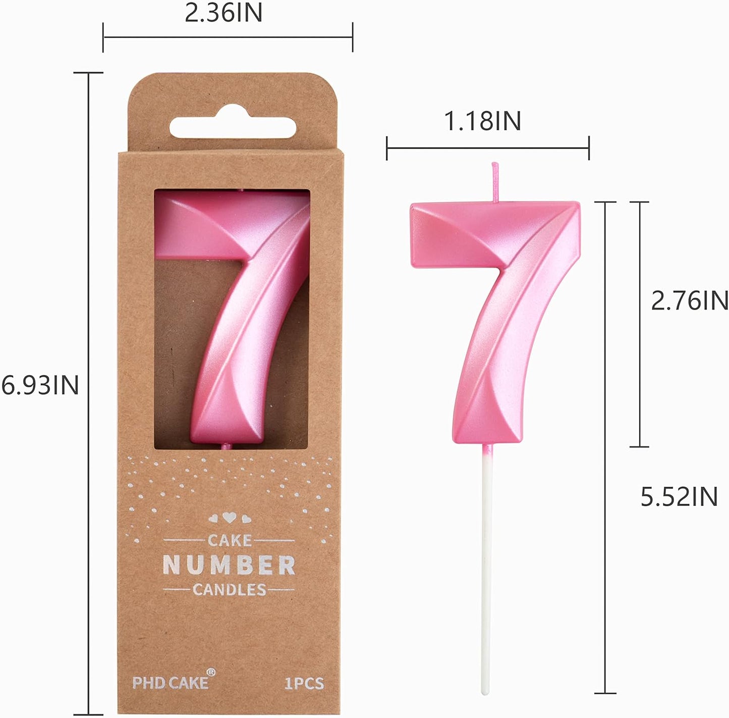 PHD Cake 2.76 Inch Diamond Pink 7 Number Birthday Candles, Party Celebration
