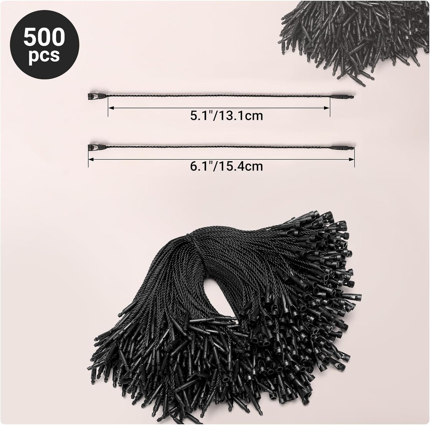 EUSOAR String for Tags, 6.1" 500Pcs Nylon Gift Garment Price Hanging Tag Ropes Snap Lock Pin Loop Fastener Hook Ties Fast to Attach for Present Clothing Shoes Luggage Labels-Black