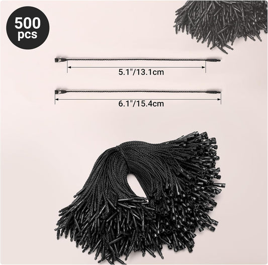 EUSOAR String for Tags, 6.1" 500Pcs Nylon Gift Garment Price Hanging Tag Ropes Snap Lock Pin Loop Fastener Hook Ties Fast to Attach for Present Clothing Shoes Luggage Labels-Black