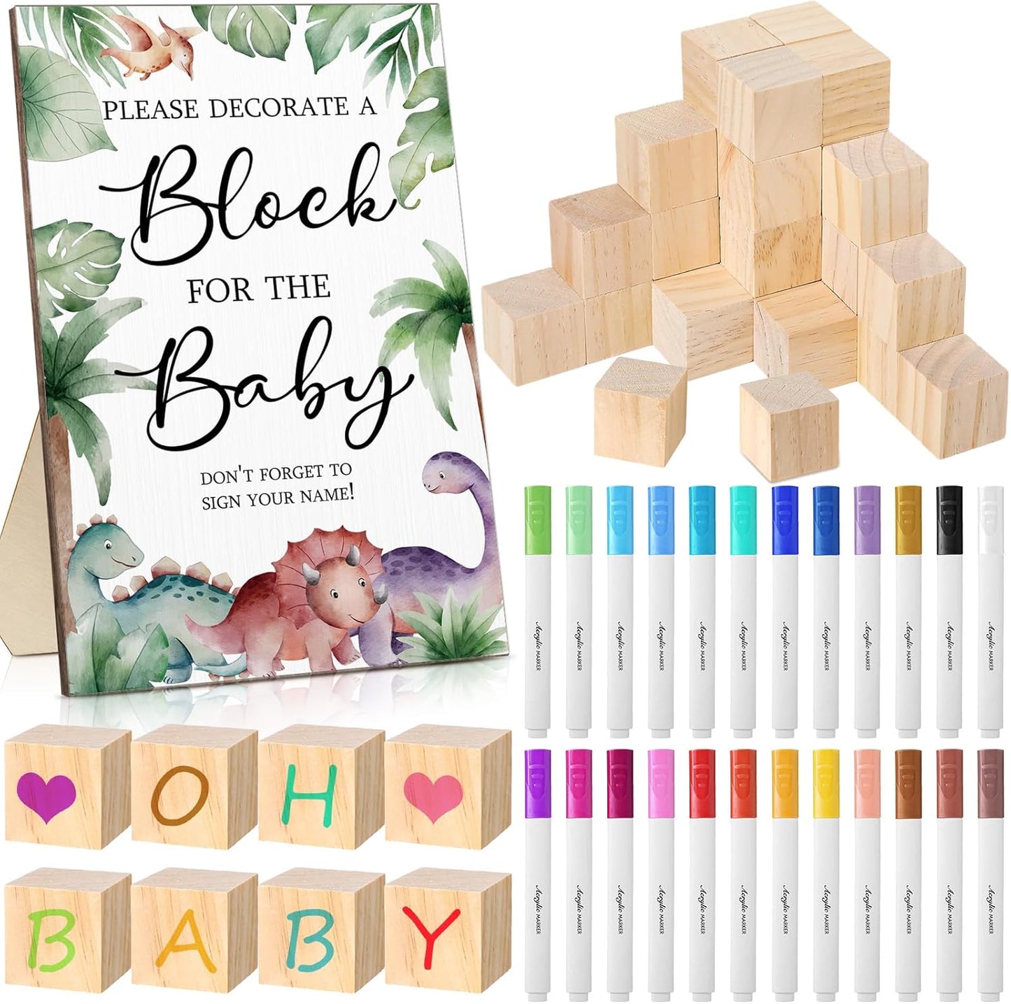 Tatuo 75 Pcs Baby Shower Games Sign Kit Including Decorate a Block Game Sign 50 DIY Wooden Block 24 Acrylic Paint Marker Baby Shower Prize for Gender Reveal Party(Dinosaur)