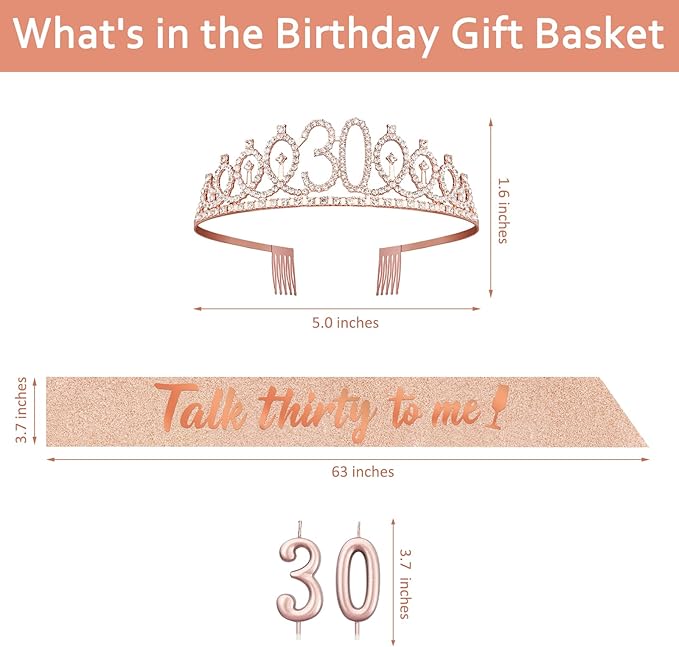 30th Birthday Decoration for Her with Rose Gold Sash, Tiara,Numbers Candles, Sincere 30th Birthday Gifts for Women