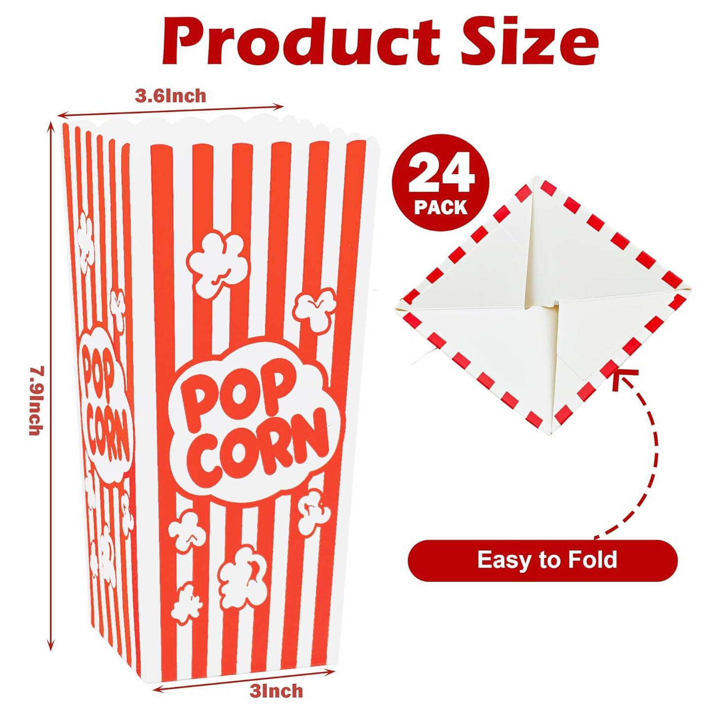 24 Pcs Popcorn Boxes, Large Capacity Popcorn Containers Buckets for Pop Corn Machine, Movie Night, Cinema, Carnival, Party, Concessions
