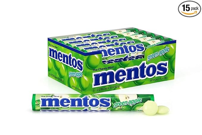 Mentos Chewy Mint Candy Roll, Green Apple Mint Candies, 14 Pieces Per Roll, 15 Count Party Pack