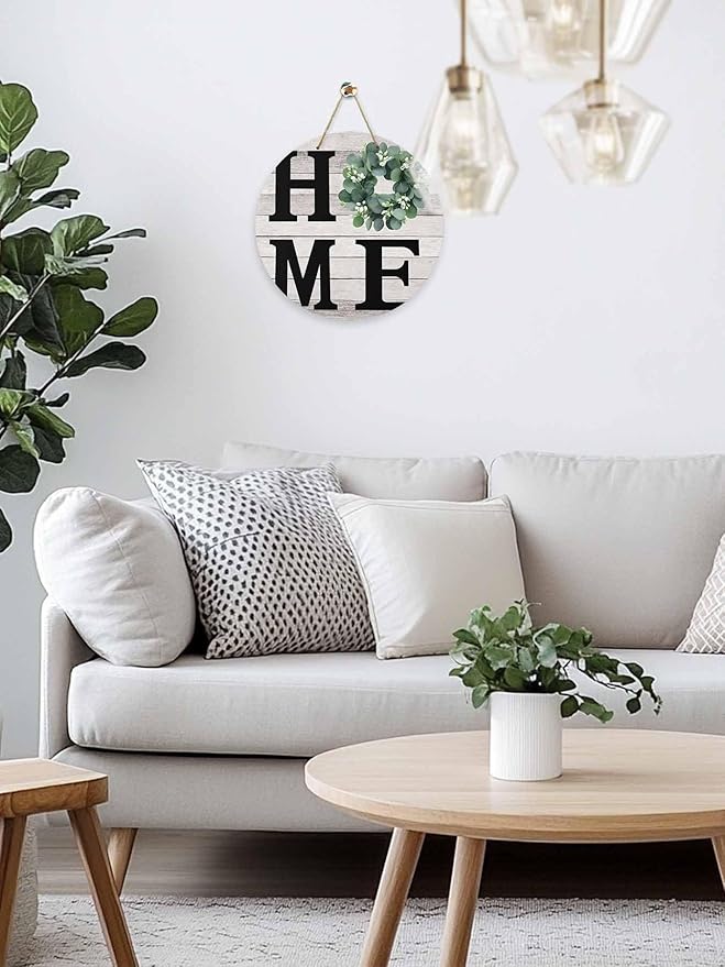 Eucalyptus Leaves Welcome Sign for Front Door, Home Garland Vintage Wood Grain Round Wooden Hanging Sign Housewarming Gift for Home Outdoor Indoor, Front Porch Decor 12inch
