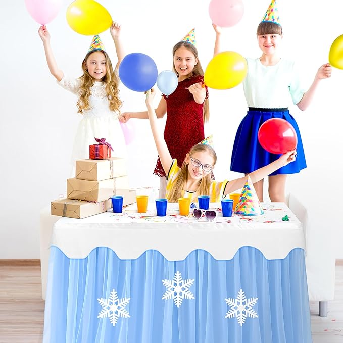 5 Pcs Winter Snowflake Wonderland Tablecloth Blue Tulle Table Skirt and White Tables Cover with Snowflake 30 x 108 Inch Winter Wonderland Table Cover for Winte Holiday Party Supplies Decorations