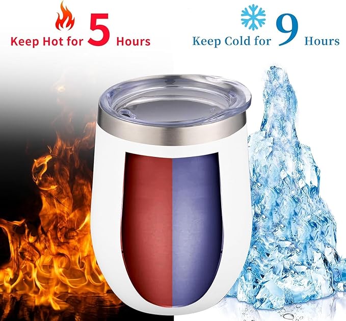 12oz/6 Pack Wine Tumbler Glasses with Lid Stemless Double Wall Vacuum Stainless Steel Travel Tumbler Keeping Cold & Hot for Wine,Coffee,Cocktails,Christmas Drinks-Family and Gifts (White)