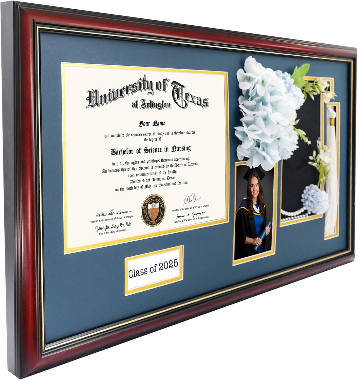 GraduationMall Class of 2025 Graduation Frame for 8.5x11 Diploma & 4x6 Photo with Graduation Cap & Tassel Holder, Cherry Wood Display Case with Navy Gold Mat