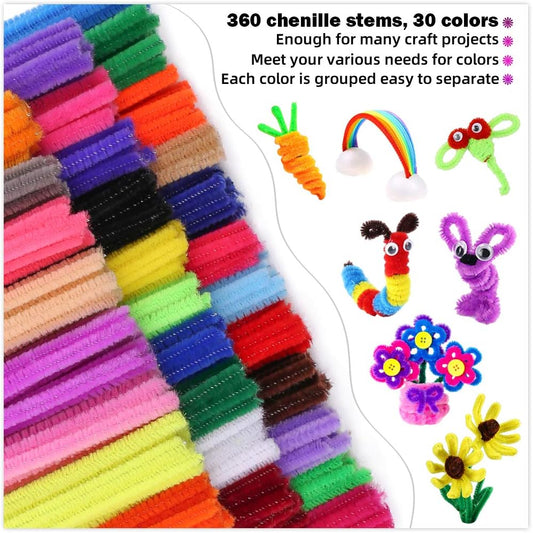 Pipe Cleaners Craft Chenille Stems, 360 Pieces 30 Assorted Colors for Crafting DIY Arts Projects Decorations, 6mm x 12inch Fuzzy Colored Chenille Stem Sticks Set Craft Supplies for Kids and Adults