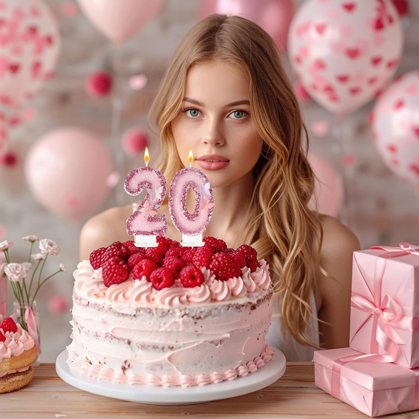 20Th Birthday Candles，Glitter Butterfly Cake Toppers Pink Sequins Wedding Numeral Cupcake Decorations，Suitable for Girl and Boy Wedding Cakes, Party Celebrations, Birthday Decorations (20)