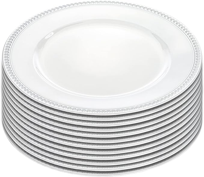 Okllen 12 Pack Plastic Round Charger Plates, 13" Dinner Chargers Decorative Plates with Beaded Rim, Embossed Charger Serving Plates for Wedding, Catering Event, Tabletop Decor, White