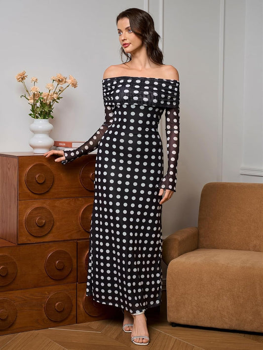 KUTUMAI Women Off Shoulder Bodycon Maxi Dress Long Sleeve Mesh Ruched Party Formal Wedding Guest Dresses
