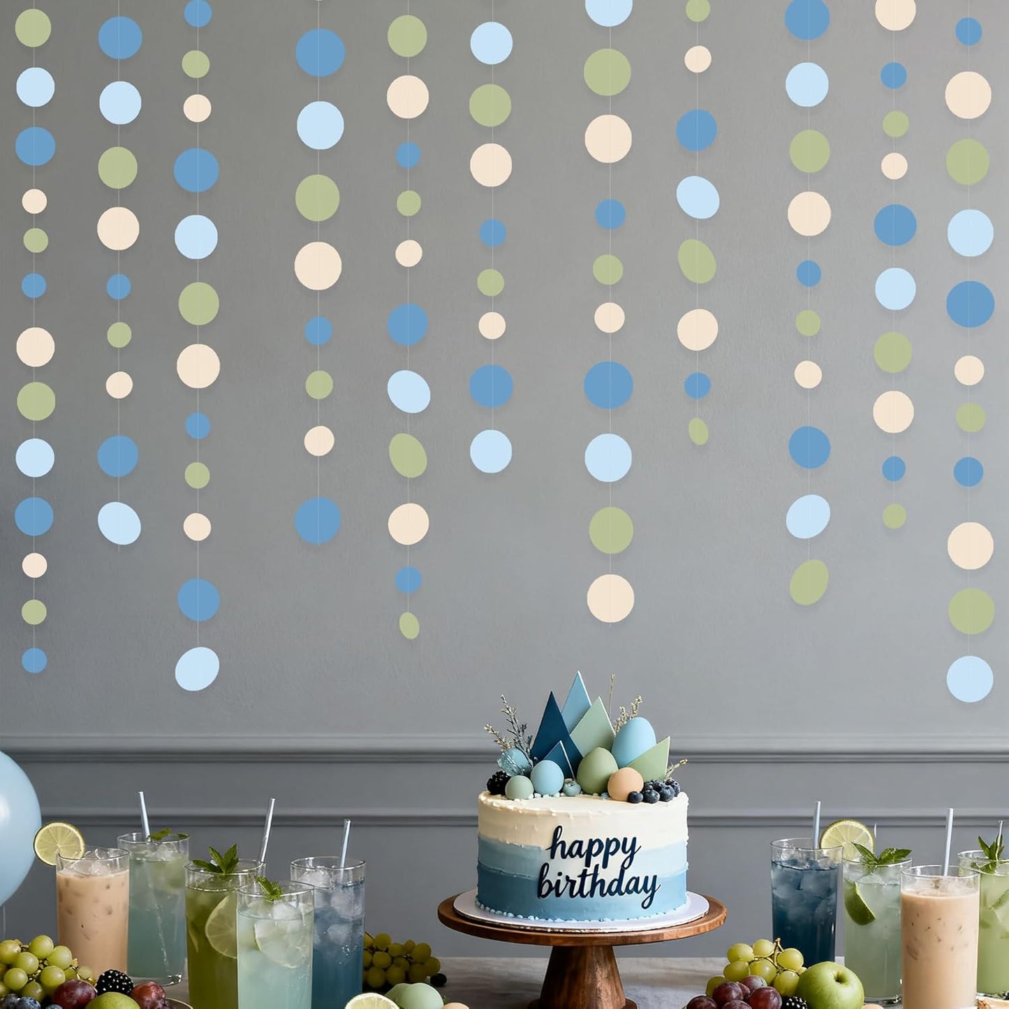 Dusty Blue and Sage Green Beige Polka Dot Garland Olive Green Dusty Blue Cream Nude Hanging Paper Circle Dots Streamer for Birthday Baby Shower Wedding One Silly Goose Theme Party Decorations Supplies