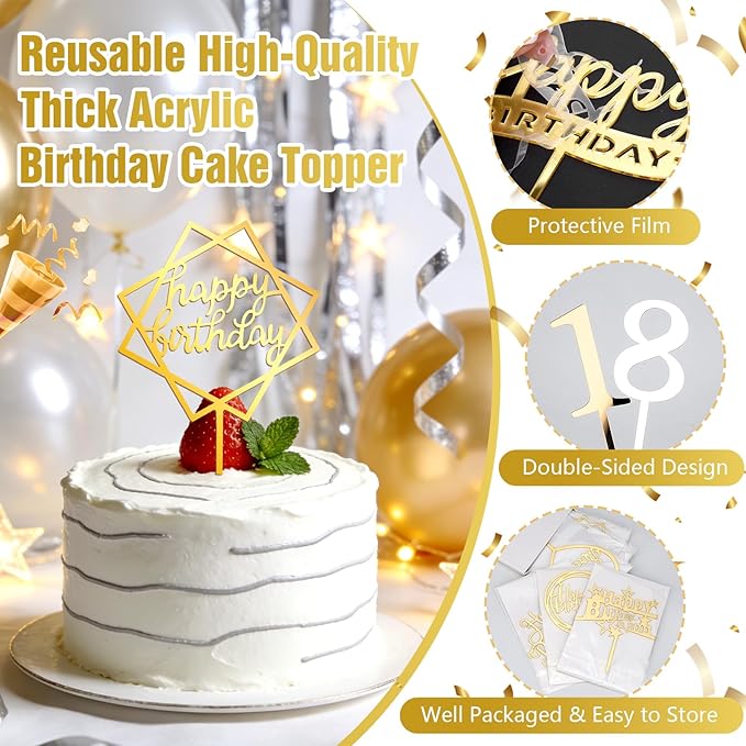 16 PCS Happy Birthday Cake Topper Set, Gold Cake Decoration, Acrylic Reusable Numbers Cake Cupcake Desserts Topper Double-Sided Glitter Birthday Cake Topper for Kids Adults