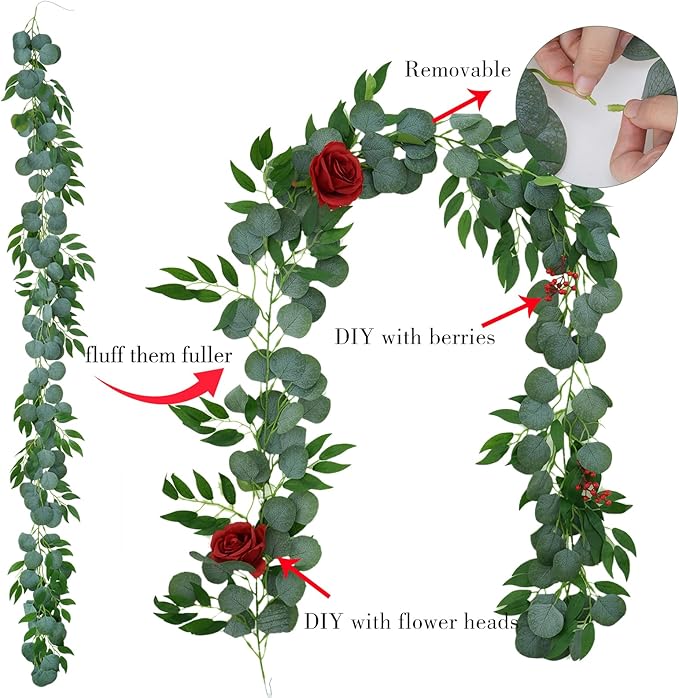 Greentime 2 Pack Greenery Garland Each 6.5 FT Artificial Eucalyptus Garland for DIY Wreath Vine Wedding Arch Stairs Decor