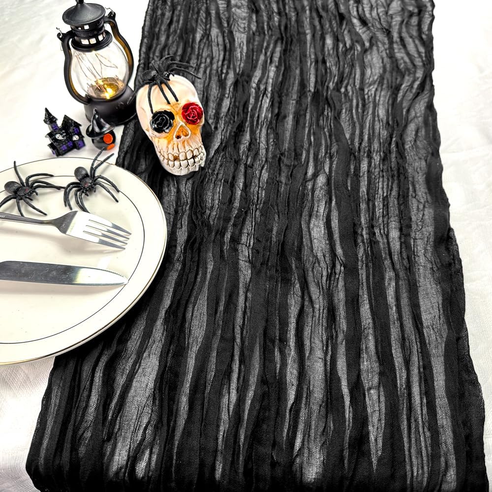 Booque Valley Black Table Runner 3 Pack Cheesecloth 10ft Super Soft Boho Wrinkled Gauze Sheer Cloth for Baby Shower Baptism Birthday Party Wedding Centerpiece Table Halloween Decoration, 35x120 Inch