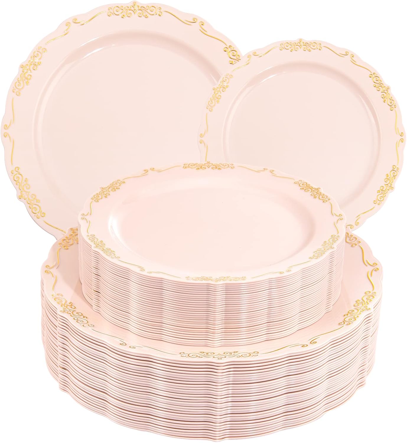DaYammi 60 PCS Pink Gold Plastic Plates, Pink Disposable Plates with Gold Rim Include: 30 Dinner Plate, 30 Dessert Plate for Party, pink plastic plates with Vintage lace for Wedding