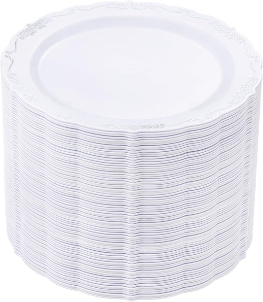 DaYammi 60PCS White and Silver Plastic Plates, Heavy Duty White and Silver Disposable Plates Premium 7.5inch White Dessert Cake Salad Appetizer Platos Hard Plastic Platos Disposable for Party Wedding