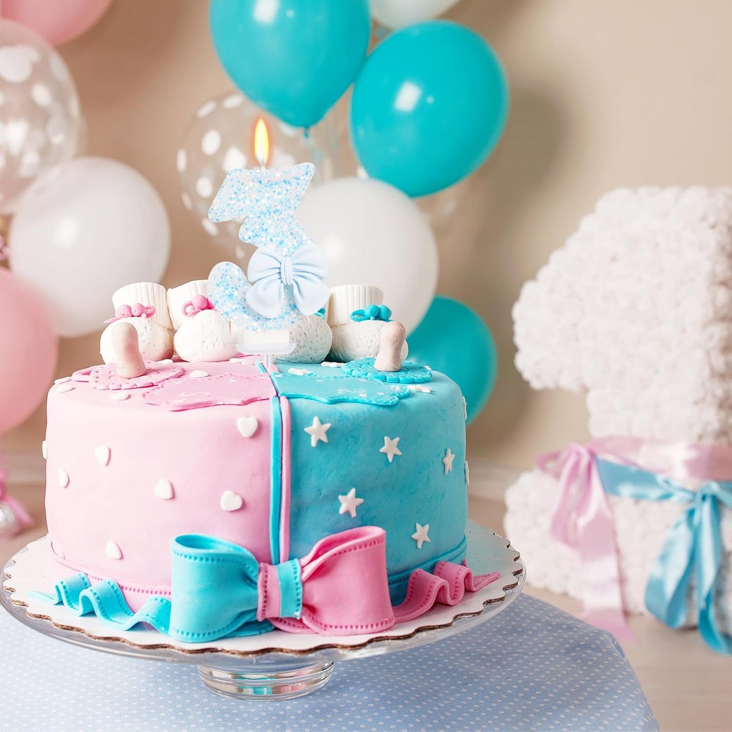 Birthday Candle for Cake, Blue Bow Number Candles, 2.76 inch Number, Cake Topper Decoration for Birthday Party (Number 3)