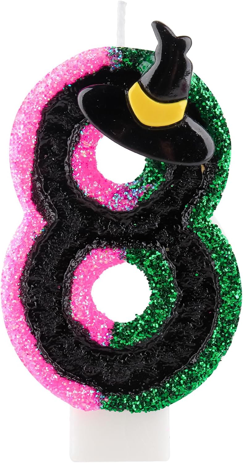 Pink Green Birthday Number 8 Candles for Cake, Pink Green Black Party Decorations, Witch Birthday Decorations for Girls