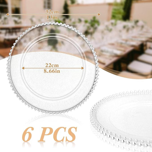 Hoolerry 6 Pack Clear Charger Plates Bulk 13 Inch Plastic Round Beaded Dinner Chargers Acrylic Frosted Grain Decorative Service Plates for Wedding Party Event, Home and Kitchen Tabletop (Clear)