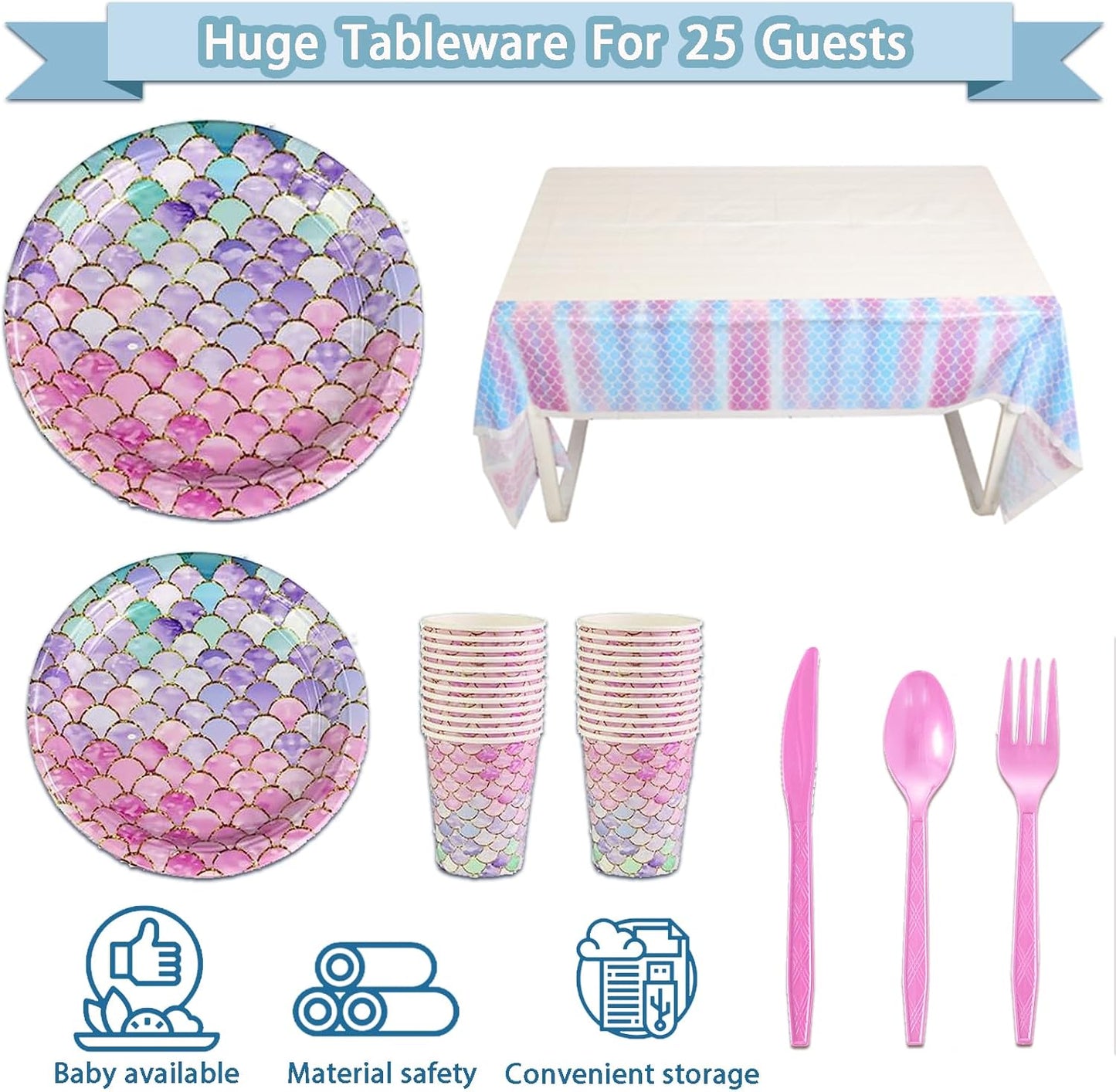 299 Pcs Mermaid Birthday Decorations, Mermaid Party Decorations Kit - Disposable Dinnerware Set with 25 Guests, Backdrop, Balloon, Banner, Tablecloth, Knives, Forks, Spoons, CakeTopper