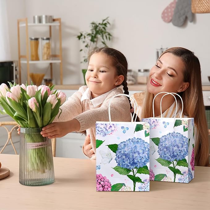 24 Pcs Floral Gift Bags Watercolor Hydrangea Paper Gift Bags with Handles Summer Party Favor Bag for Wedding Birthday Baby Shower