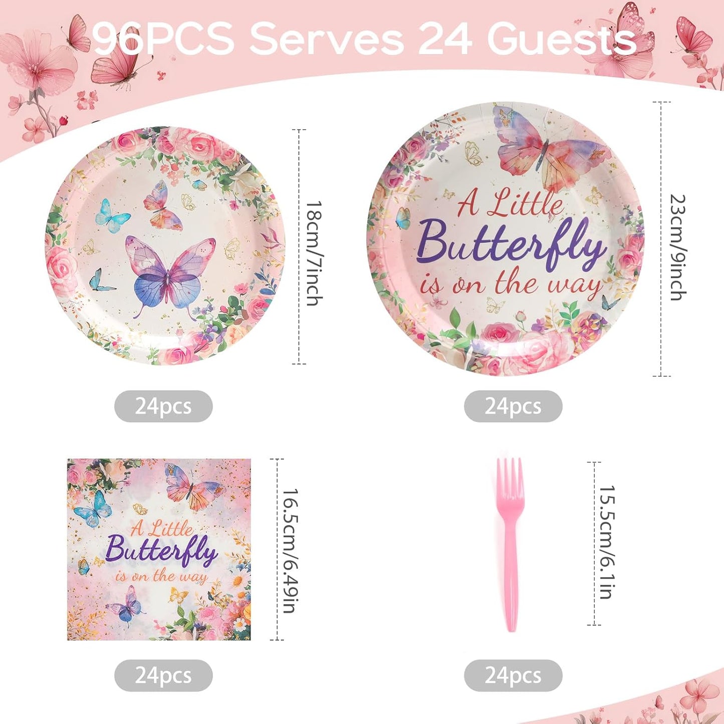96pcs Butterfly Paper Party Plates, Napkins and Forks Pink and Purple Floar Disposable Tableware Set for 24 Guest Table Supplies for Tea Garden Party Kids Birthday Baby Bridal Shower