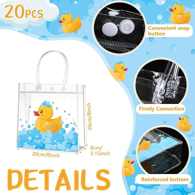 Aliceset 20 Pcs Duck Party Clear Favor Bags with Handles Rubber Duck Baby Shower Goodie Bags for Birthday Party Candy Treat Baby Shower Decoration Supplies, 8x8x3.15 Inch