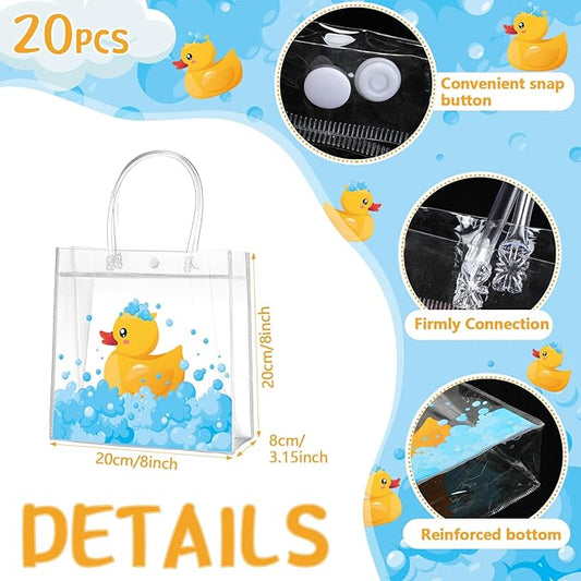 Aliceset 20 Pcs Duck Party Clear Favor Bags with Handles Rubber Duck Baby Shower Goodie Bags for Birthday Party Candy Treat Baby Shower Decoration Supplies, 8x8x3.15 Inch