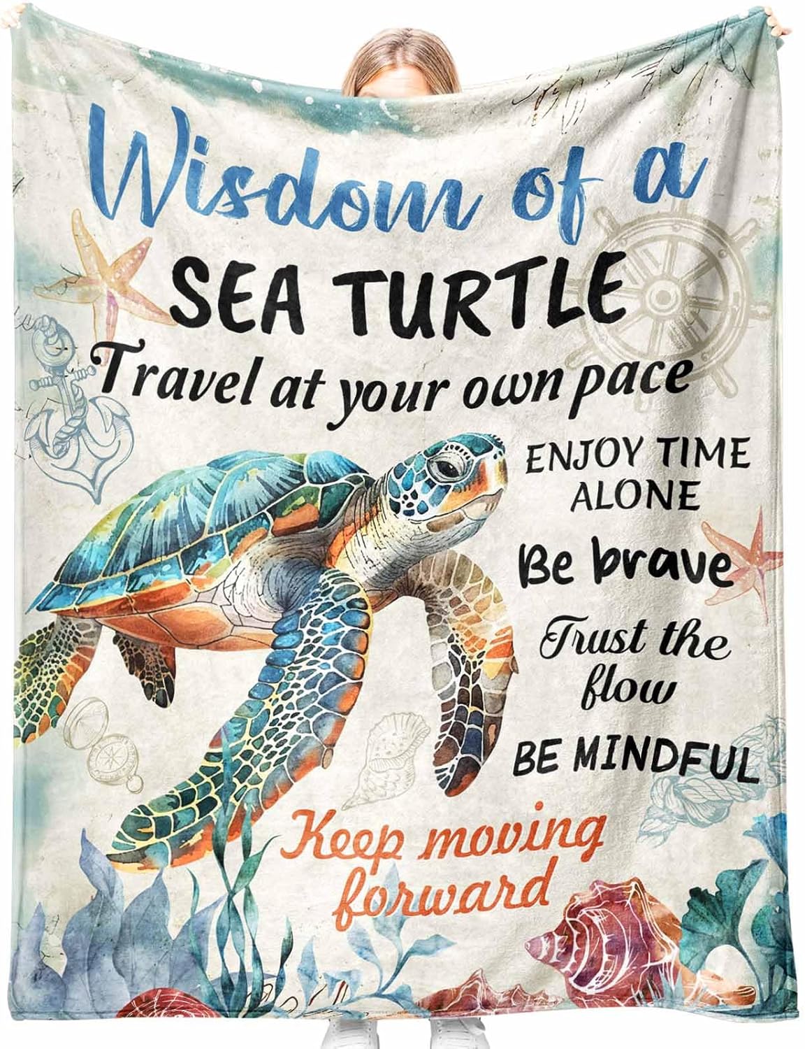 Positive Sea Turtle Gifts for Women Men, Flannel Soft Blanket Decor, Christmas Sea Turtle Gifts for Turtles Lovers, Inspirational Healing Gift for Friend Meditator Graduate - 50x60 inches