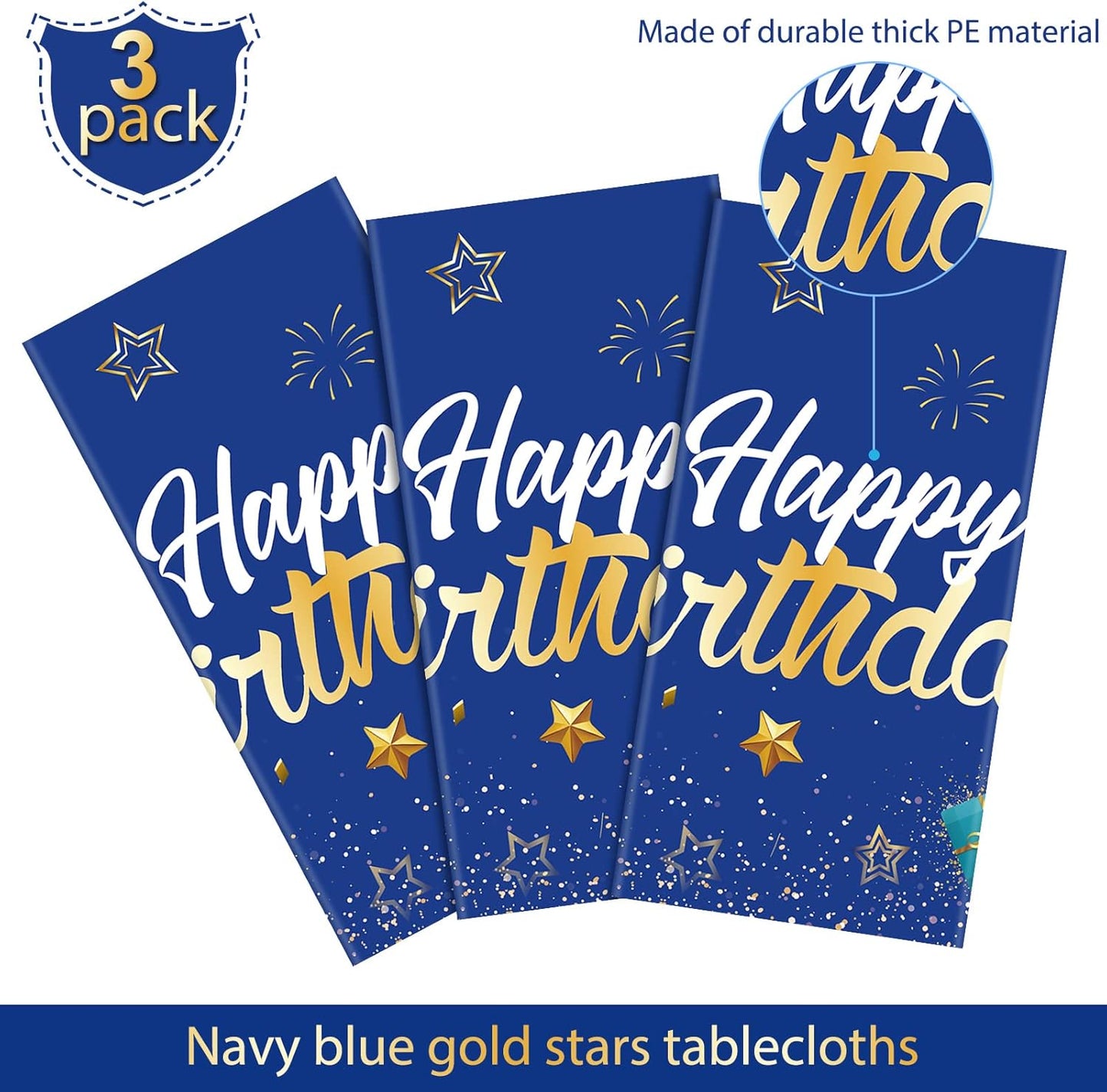 Tegeme Navy Blue Party Supplies Stars Happy Birthday Tablecloths Starry Confetti Table Covers for Kids Boys Girls Baby Shower Birthday Party Decorations(Navy Blue and Gold,3 Pack)