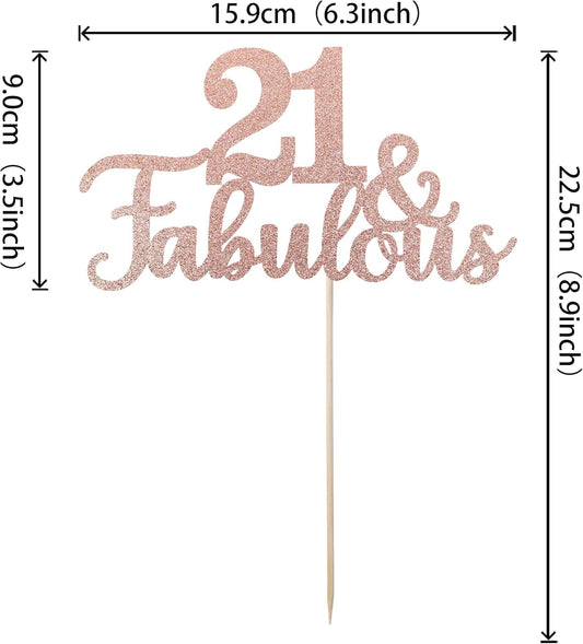 1 PCS 21 & Fabulous Cake Topper Glitter Twenty One and Fabulous Cake Toppers Happy 21st Birthday Cake Pick for 21st Wedding Anniversary Birthday Party Cake Decorations Supplies Rose Gold