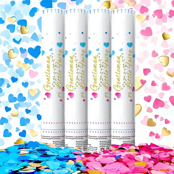 Gender Reveal Confetti Cannon,2 Blue 2 Pink Paper Connon Safty Party Poppers Shoots 20-25ft,12 inch Upgrade Firmware Baby Shower Gender Reveal Party Supplies Maternity Shoots